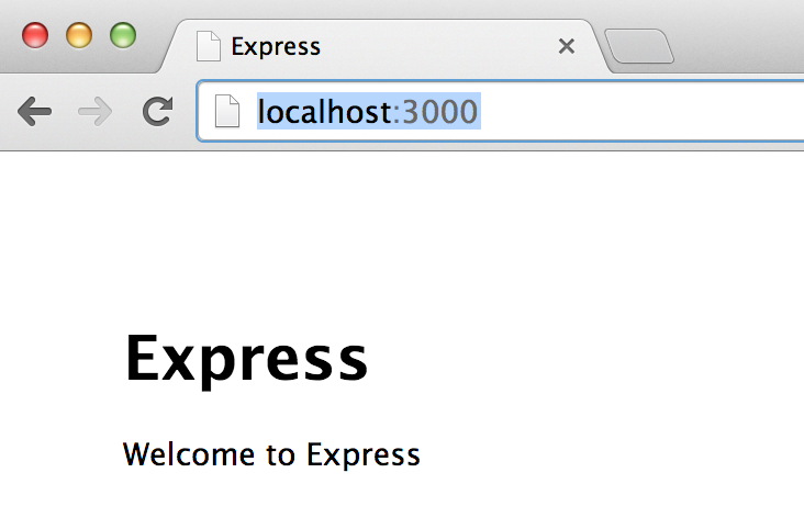 Browser with URL http://localhost:3000 shows Express in large letters, smaller letters below display "Welcome to Express"