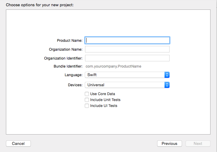 XCode New Project Dialog box