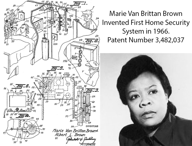 patent drawing with home security system, with text: Marie Van Brittan Brown invented First Home Security System in 1966